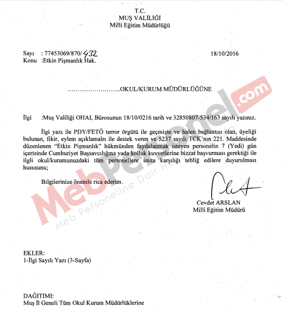 Milli Eğitim Müdürlüğünden Etkin Pişmanlık Duyurusu