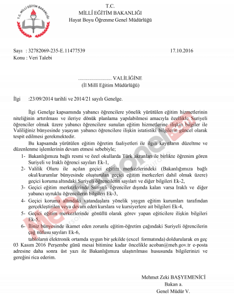 MEB'den Suriyeli Öğrenciler İle İlgili Veri Talebi Yazısı
