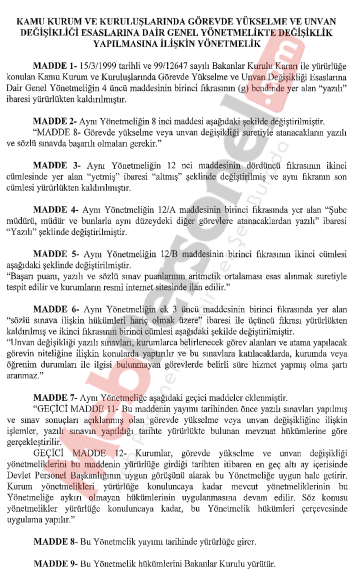 Görevde Yükselme ve Unvan Değişikliği Yönetmeliğinde Değişiklik Yapıldı