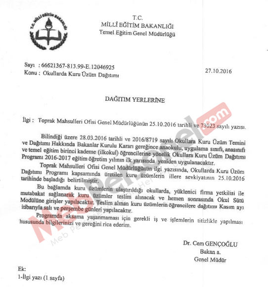 Okullarda Kuru Üzüm Dağıtımı (MEB Resmi Yazı)