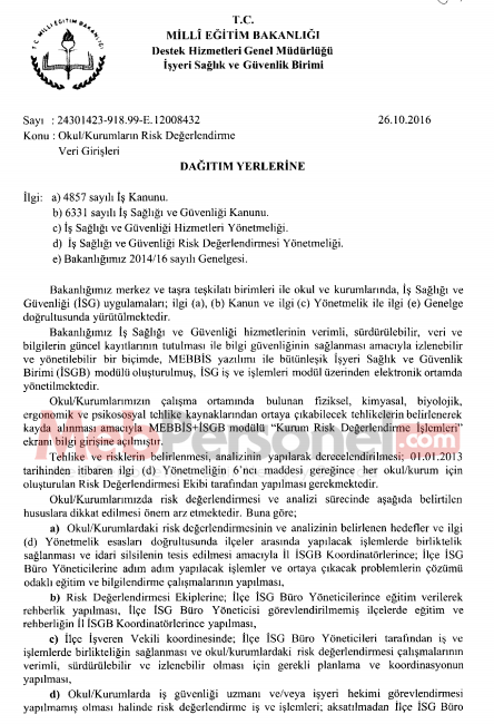 Okul/Kurumların Risk Değerlendirme Veri Girişleri