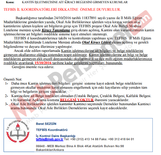 OKUL KANTİNCİ BİLGİLERİNİ EKSİK GİREN OKULLAR DİKKAT!