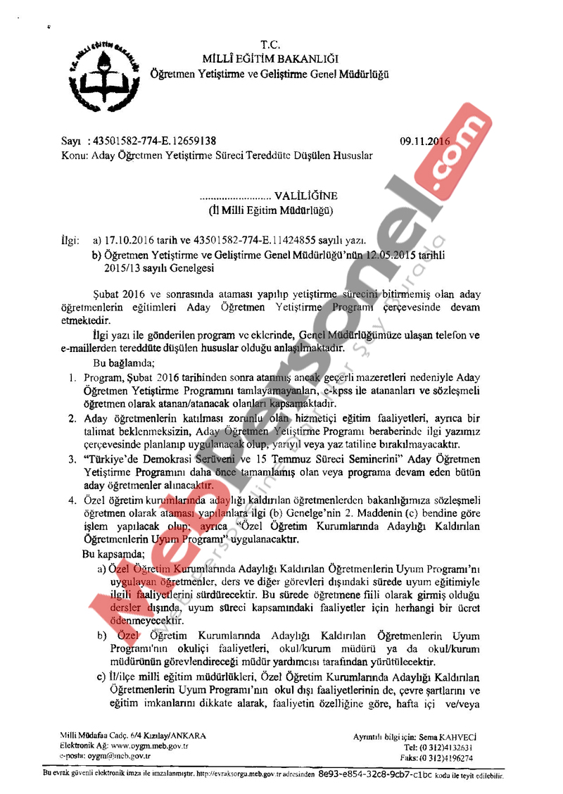 Aday Öğretmen yetiştirme süreci tereddüte düşülen hususlar(Resmi Yazı)