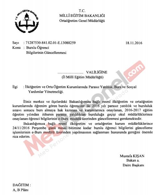 MEB, Burslu Öğrenci Bilgilerinin Güncellenmesini İstedi