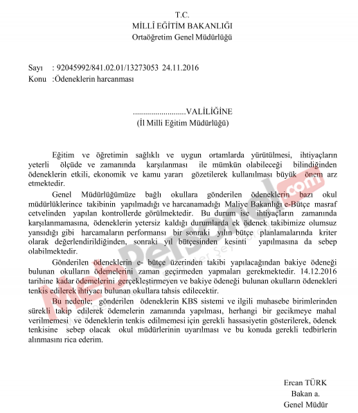 MEB'den ''Ödeneklerin Harcanması'' Yazısı