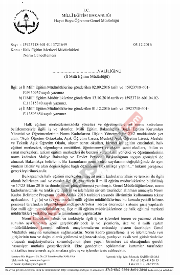 Halk Eğitim Merkezi Norm Güncellemesi