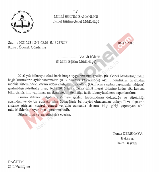 MEB'den Okullara ''Ödenek Gönderme'' Konulu Yazı