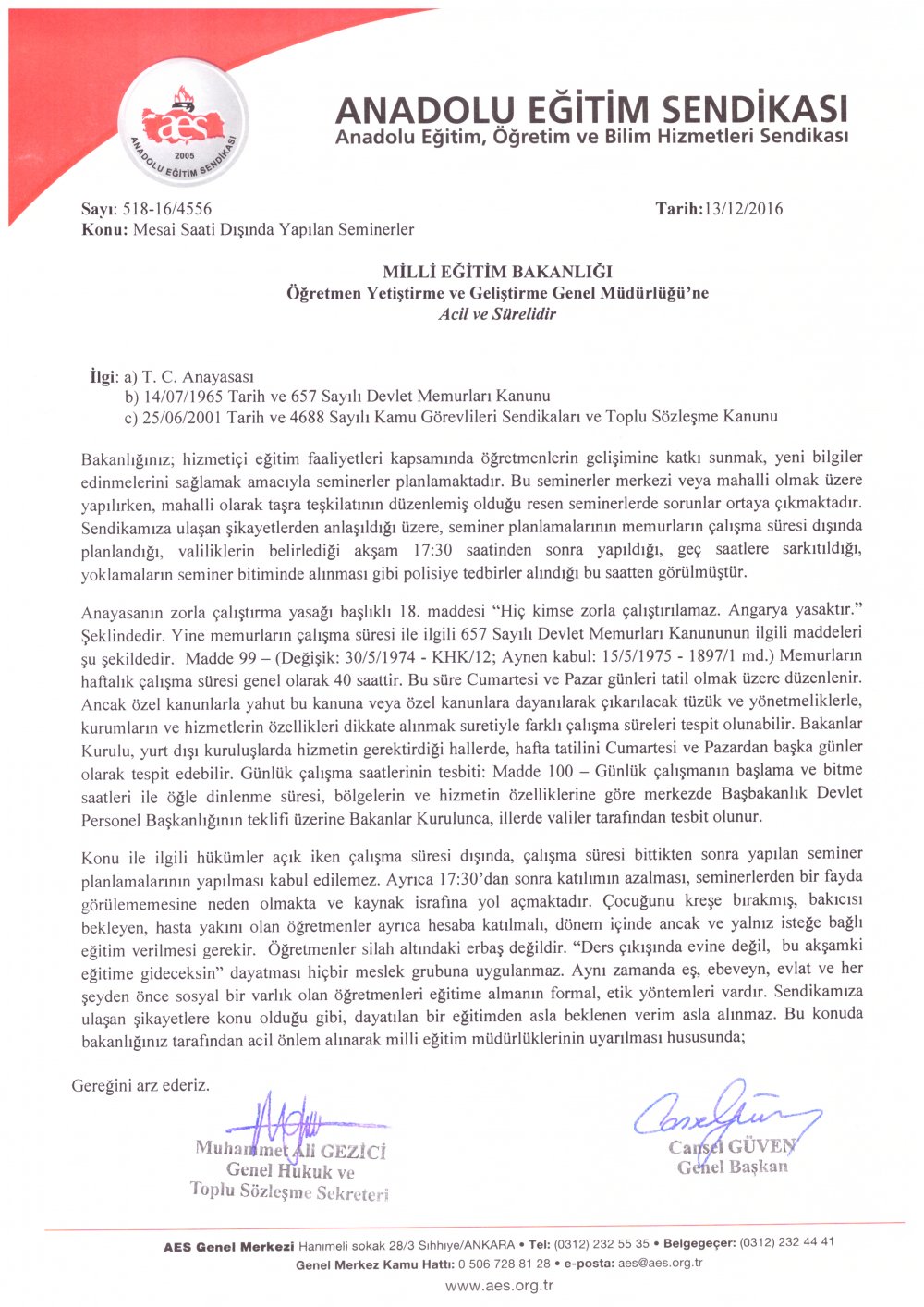 Mesai Dışı Seminerler Konusunda MEB'e Yazı