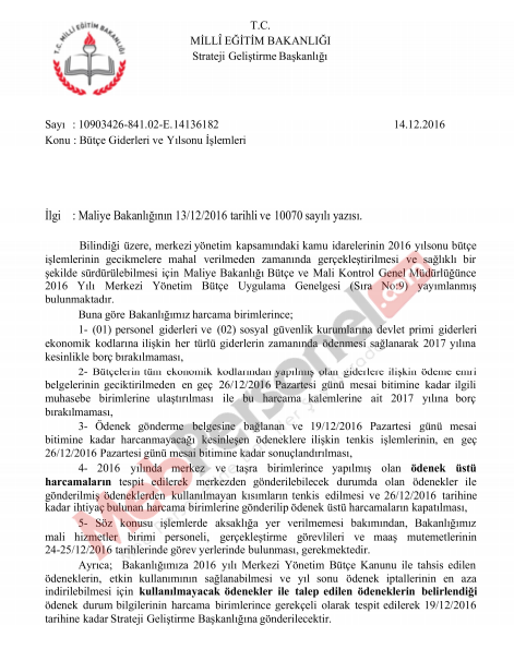MEB'den ''Bütçe Giderleri ve Yılsonu İşlemleri'' Genelgesi