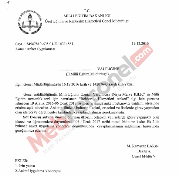 MEB'den ''Tüm Öğretmen ve İdarecilere'' Anket