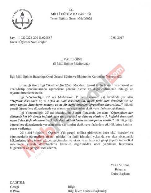 Öğrenci Not Girişleri Hakkında MEB'den Önemli Yazı