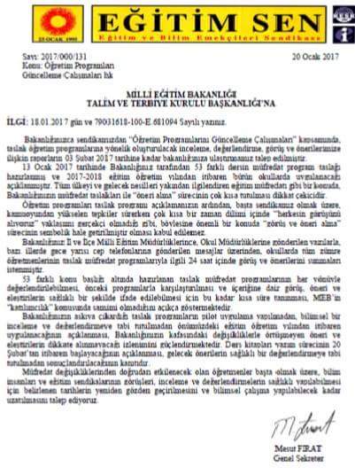 MEB'e ''Müfredat Değerlendirme Süresi Uzatılsın'' Yazısı