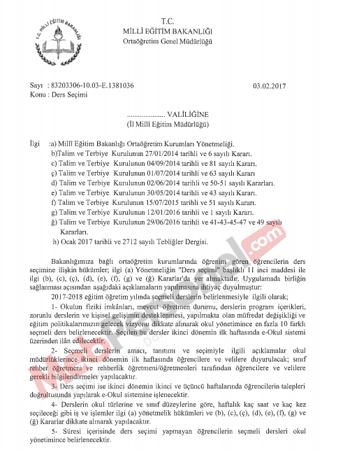 MEB'den ''Ders Seçimi'' Yazısı