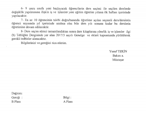 MEB'den ''Ders Seçimi'' Yazısı