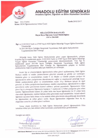 Halk Eğitim Merkezi Öğretmenlerine Nöbet Ücreti Verilmelidir