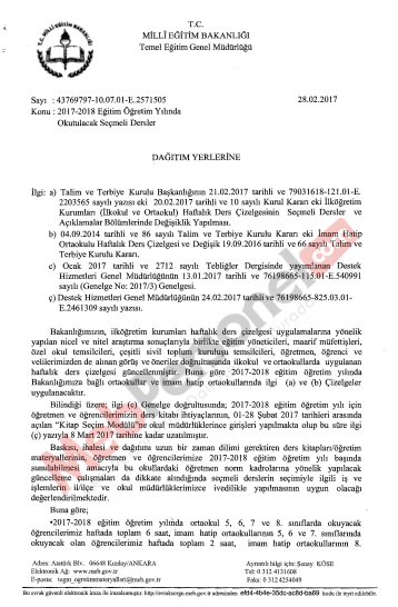 MEB'den ''Seçmeli Dersler'' Yazısı