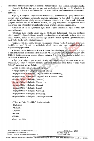 MEB'den ''Seçmeli Dersler'' Yazısı