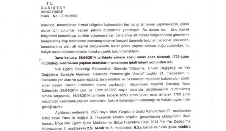 1709 Şube Müdürü Atamasına İlişkin Yürütmeyi Durdurma Kararı