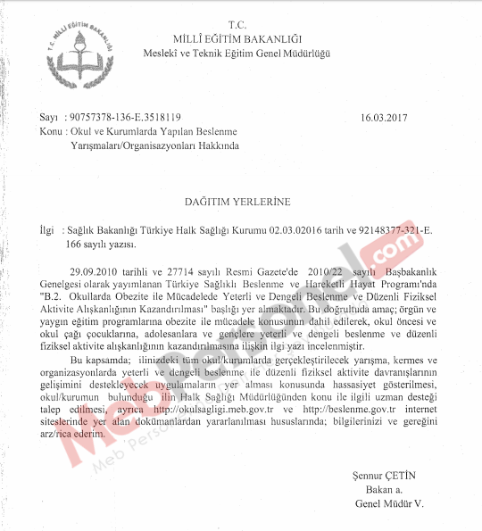 MEB'den ''Okul ve Kurumlarda Yapılan Beslenme Yarışmaları'' Yazısı