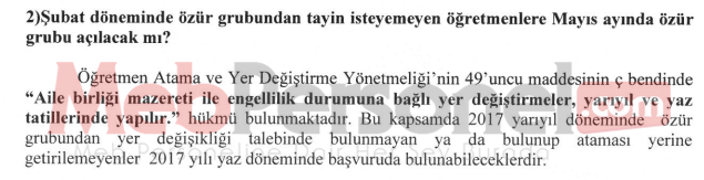 2017 Yaz Dönemi Özür Grubu Atamaları Açıklaması