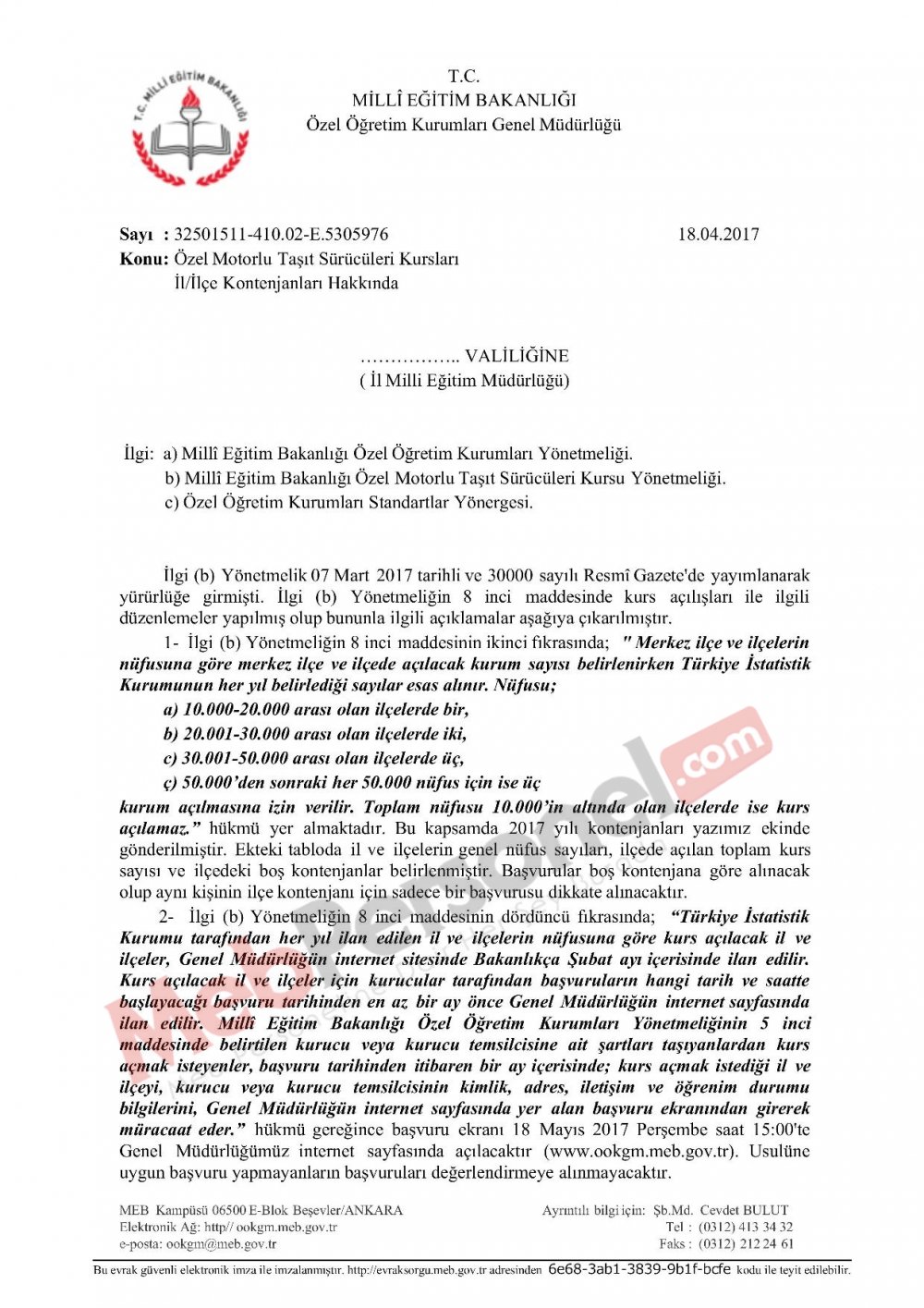Özel Motorlu Taşıt Sürücüleri Kursları İl/İlçe Kontenjanları