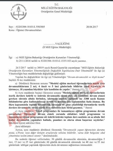 MEB'den Öğrenci Devamsızlıkları Yazısı