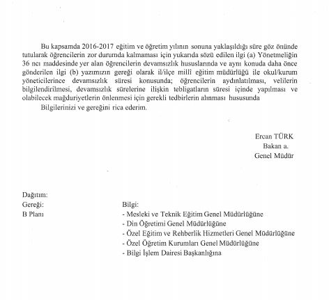 MEB'den Öğrenci Devamsızlıkları Yazısı