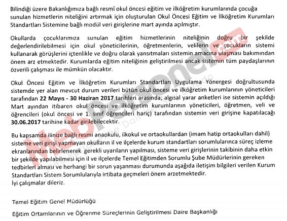 MEB'den Kurum Standartları Yazısı