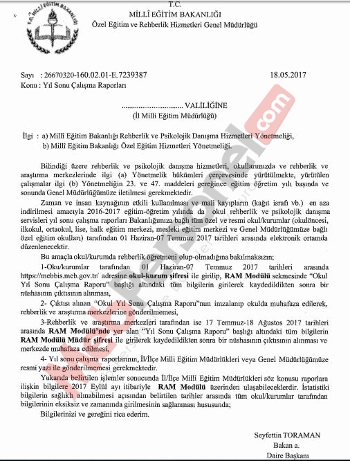 MEB'den Yıl Sonu Çalışma Raporları Yazısı