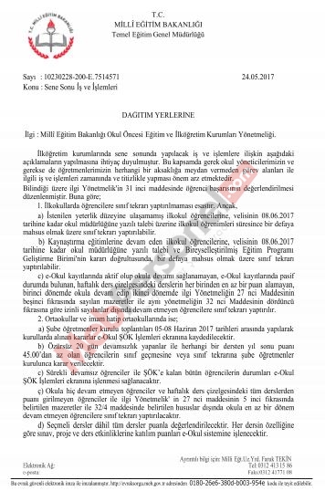 MEB'den ''Sene Sonu İş ve İşlemleri'' Yazısı