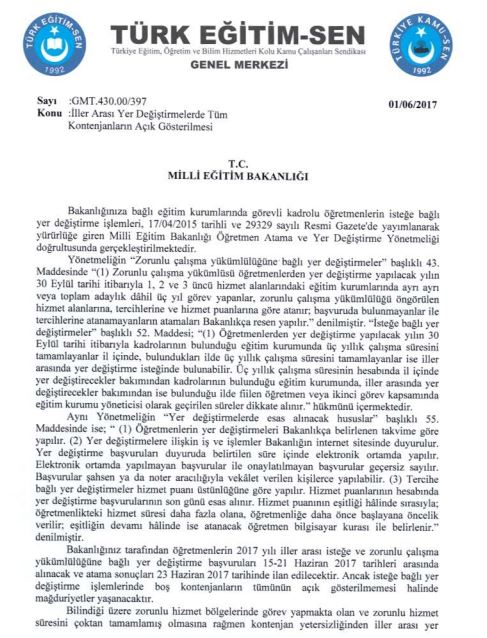 İl Dışı Atamalarda Tüm Boş Kontenjanlar Gösterilmelidir