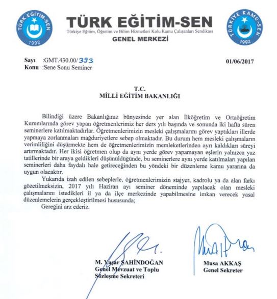 ÖĞRETMENLER SENE SONU SEMİNER ÇALIŞMALARINI İSTEDİKLERİ YERDE YAPABİLMELİDİR