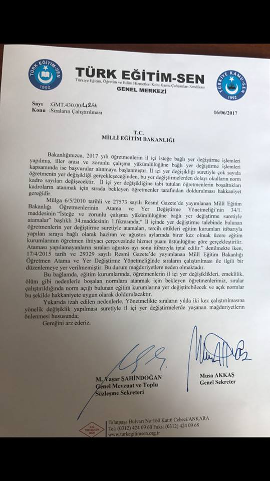 İl İçi Sıra Yöntemi Yeniden Yönetmeliğe Konulmalıdır