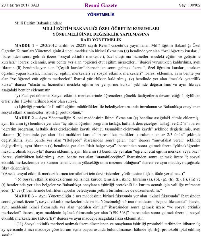 MEB Özel Öğretim Kurumları Yönetmeliğinde Değişiklik