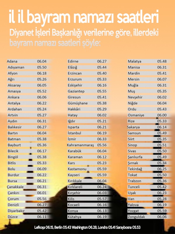İl İl Bayram Namazı Saatleri