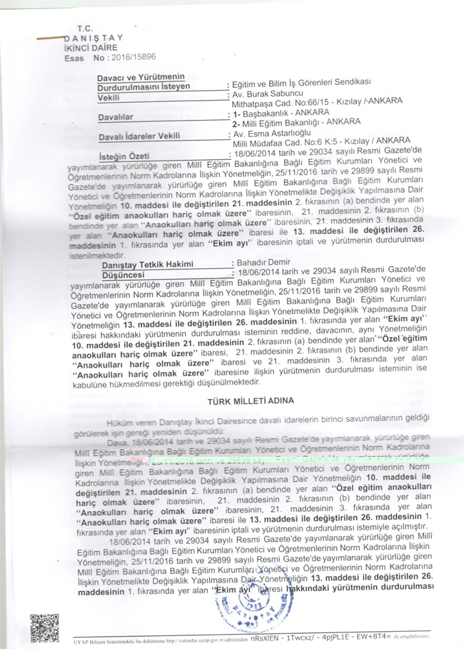 DANIŞTAY, ANAOKULLARINDA REHBER ÖĞRETMEN NORMUNUN KALDIRILMASINI DURDURDU