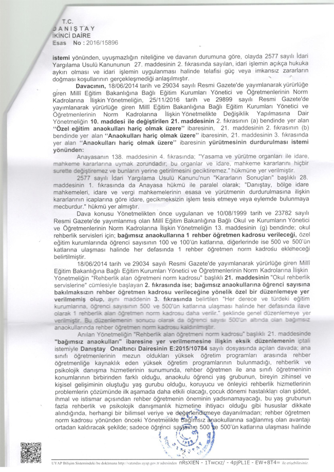 DANIŞTAY, ANAOKULLARINDA REHBER ÖĞRETMEN NORMUNUN KALDIRILMASINI DURDURDU