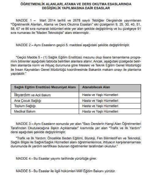 Bazı Öğretmenlik Branşlarında Kaynak Bölümler Değişti