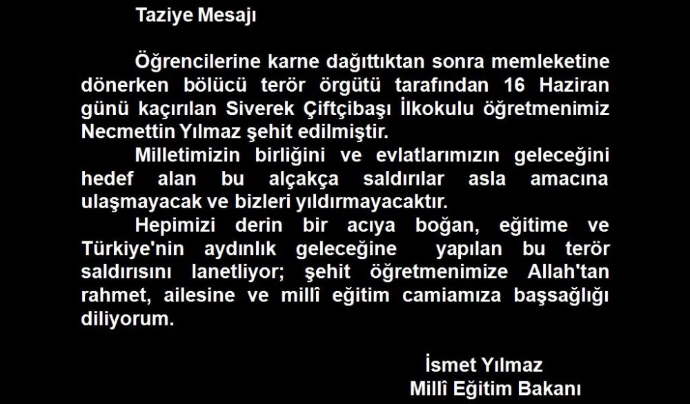 Bakan Yılmaz, Şehit Öğretmen İçin Taziye Mesajı Yayımladı