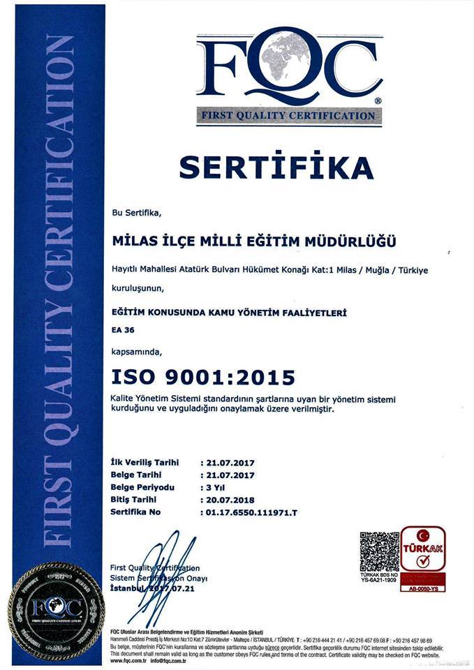 Kaymakamlık ve Milli Eğitim Müdürlüğü ISO 9001 Belgesi Aldılar