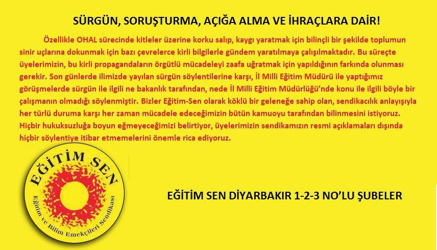 Eğitim-Sen'den Sürgün ve İhraçlara İlişkin Açıklama