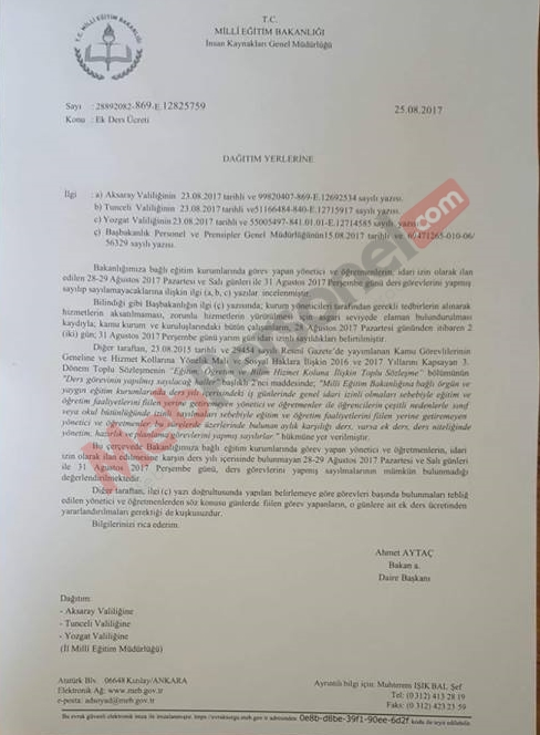 MEB'den Ek Ders Ücreti Yazısı