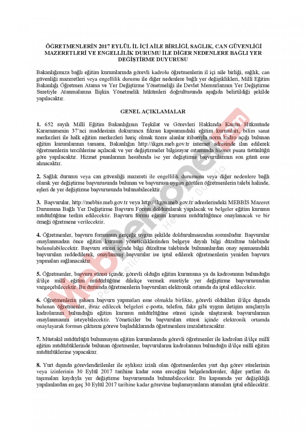 MEB'den İl İçi Özür Grubu Duyurusu