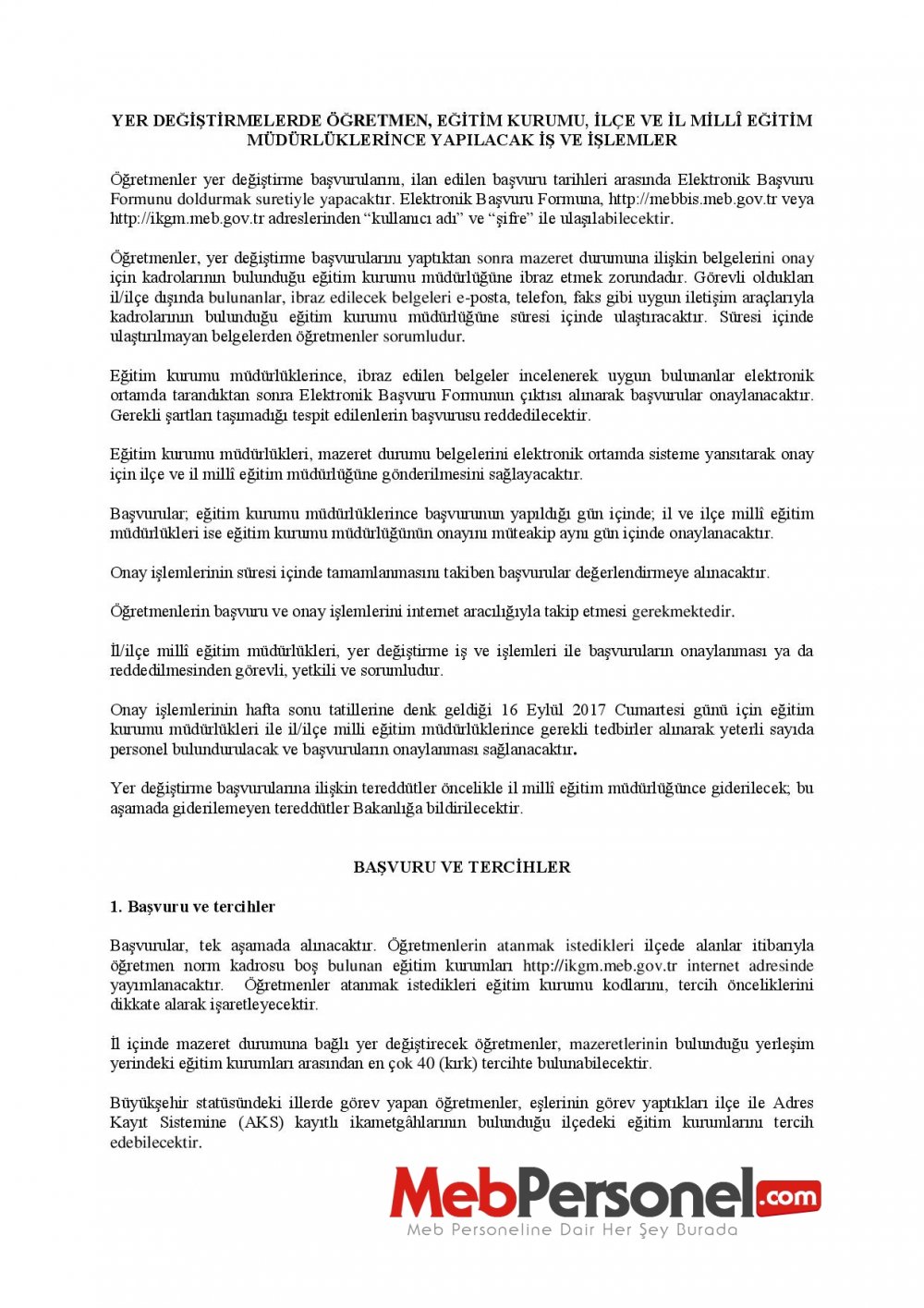 MEB'den İl İçi Özür Grubu Duyurusu