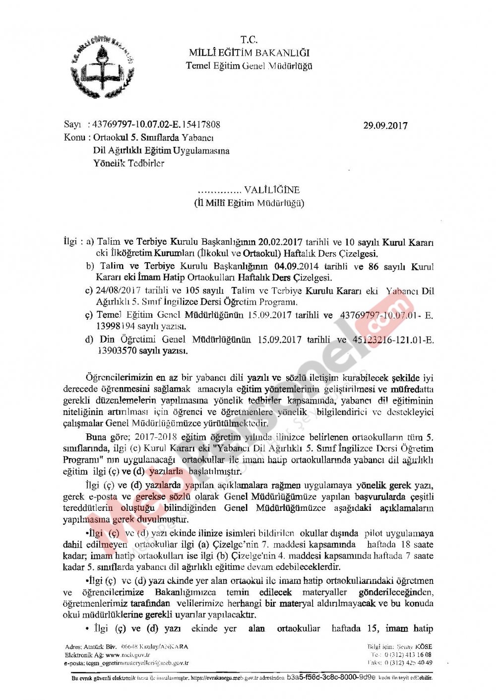 MEB'den ''5. Sınıflarda Yabancı Dil Ağırlıklı Eğitim'' Yazısı