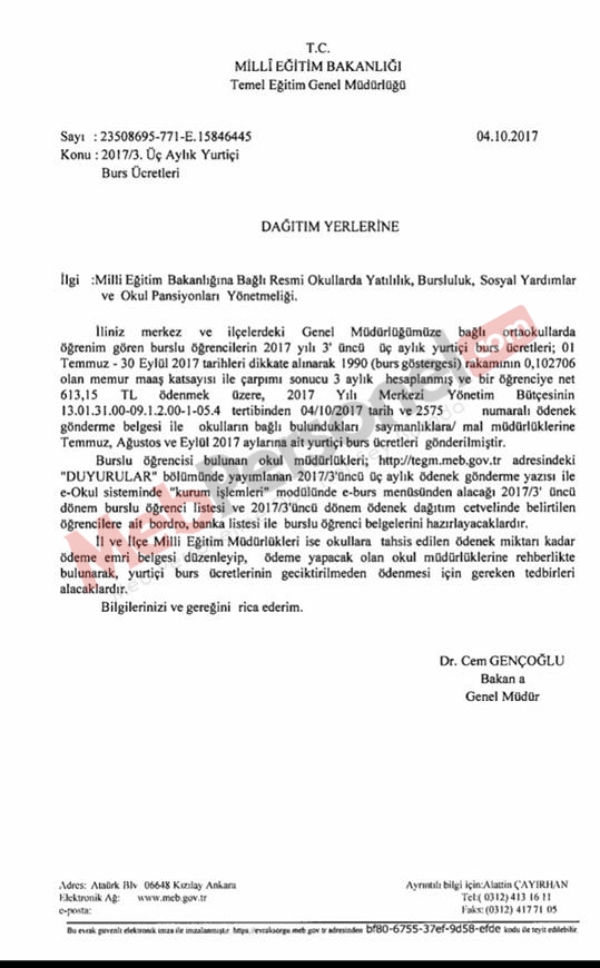 MEB'den Burs Ücretleri Yazısı