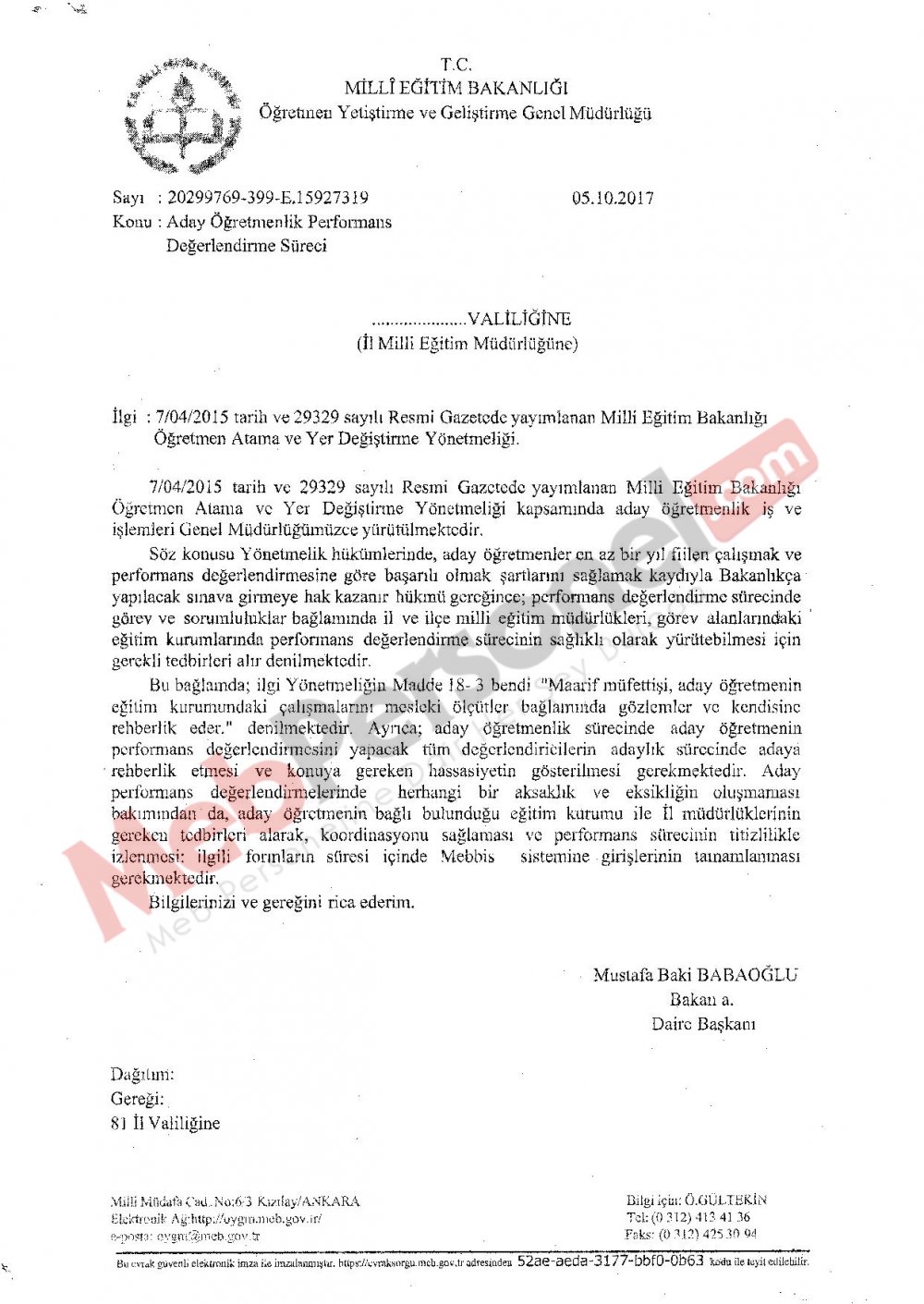 MEB'den ''Aday Öğretmenlik Performans Değerlendirme Süreci'' Yazısı