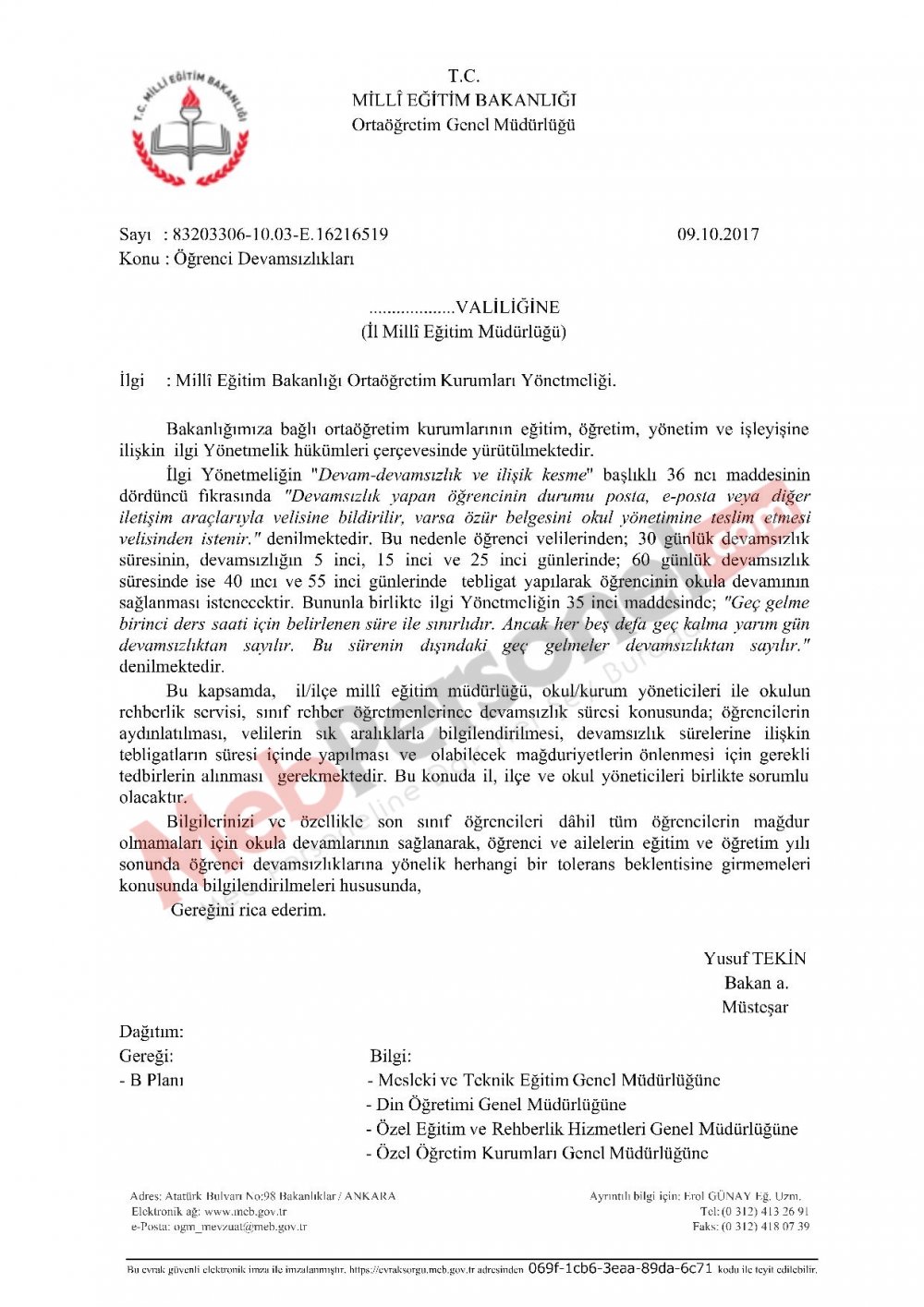 MEB'den ''Öğrenci Devamsızlıkları'' Yazısı