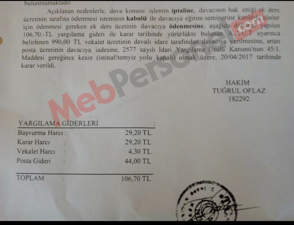 Seminerde Ek Ders Ücreti Hakkında Mahkeme Kararı