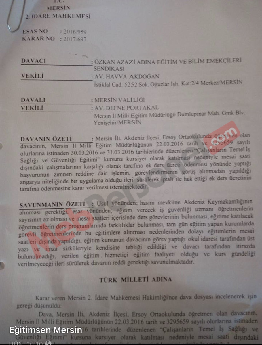 Seminerde Ek Ders Ücreti Hakkında Mahkeme Kararı